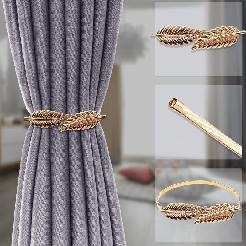 LLPMutu 4 حزمة من أربطة الستائر تصميم زنبركي من سبائك الألومنيوم مع تصميم نحت ورقة لتثبيت الستائر للستائر الحديثة (ورقة ذهبية 2) - Image 2